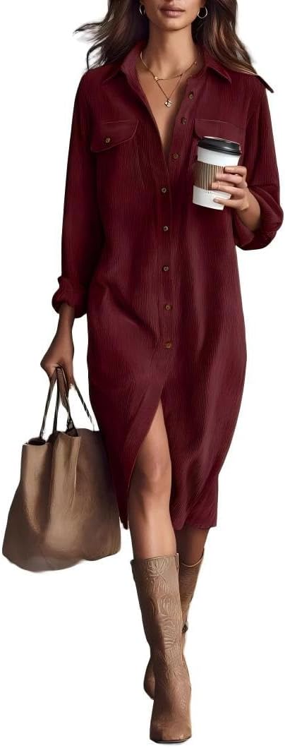 Womens Corduroy Button Down Shirt Dress Lapel Long Sleeve Solid Color Casual Loose Midi Fall Spring Dresses