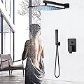 Stainless Steel Shower Panel Tower System LED Rainproof And Waterfall Massage Nozzle Mixer Shower System-Black,Black