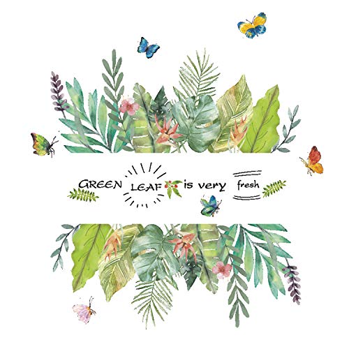 Tropical Plants Green Leaves Wall Stickers Peel and Stick Palm Leaves Butterfly Wall Decals Art Murals for Living Room Bedroom Nursery Classroom Offices Wall Decals Art Murals Home Decoration