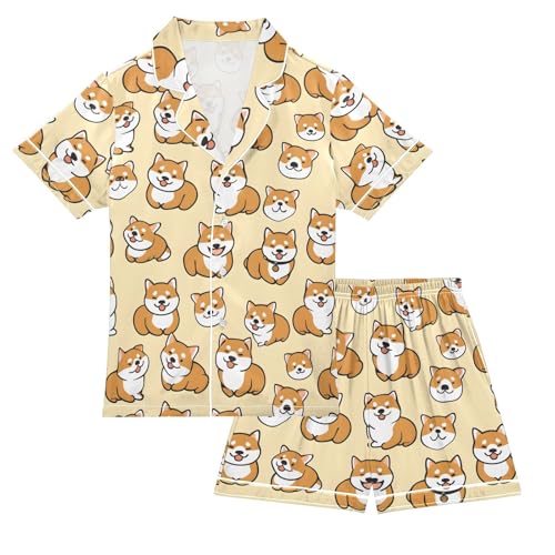 ALAZA Cute Yellow Puppy Dog Cartoon Satin Pajamas Set Short Sleeve Button Down Sleepwear Summer Pjs 2 Piece