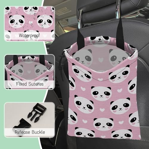 Image of Lovely Panda Car Garbage Bag,Hearts Waterproof Small Car Trash Bag Hanging Back of Seat,Drawstring Hanging Car Trash Bag with Adjustable Buckle for Car Accessories
