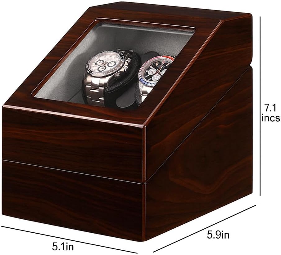 Classic Wooden Watch Winder Box for Automatic Watches, Single Turntable for 2 Watches & 2 Storage, Ultra-Quiet Motor, Smart Timer, Anti-Magnetic Spinner Case (Black Walnut)