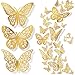 Lot de 144 stickers muraux en forme de papillon - 3 tailles et 3 styles - Dorés - Amovibles - Décoration pour gâteau d'anniversaire, guirlande de ballons de mariage, Noël, chambre d'enfant