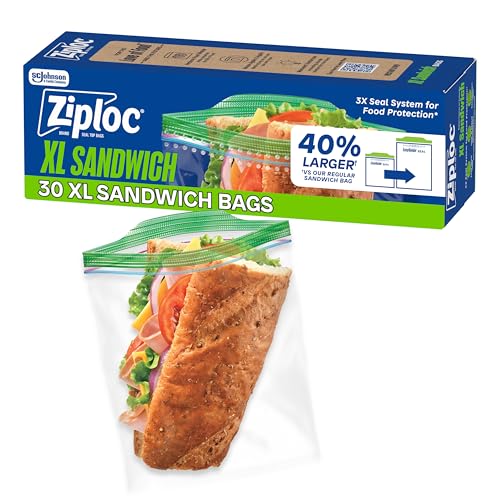 Ziploc XL Sandwich and Snack Bags, Easy Open and Close, Plastic Food Storage Bags, 30 Bags Total - image 1
