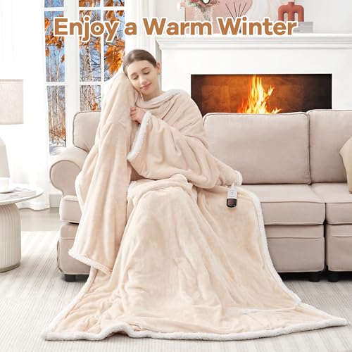Image of Wearable Electric Blanket with Foot Pocket and Sleeves, Heating Throw Blanket, 6 Heating Levels & Auto Shut Off, Machine Washable (Long, Beige)