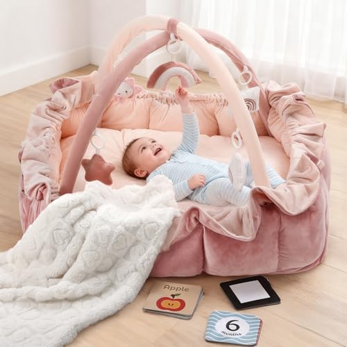 Image of Little Dove 5-in-1 Plush Baby Play Gym, Tummy Time Mat with Blanket and 6 Sensory Toys, Baby Play Mats, Convertible Baby Gym for Sensory Development from Newborn to Toddler, Pink