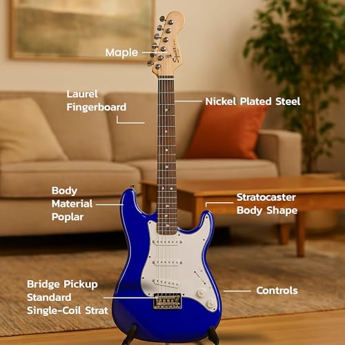 Image of Fender Squier 3 /4-Size Kids Mini Strat Electric Guitar - Blue Bundle with Amplifier, Cable, Tuner, Strap, Picks, and Austin Bazaar Instructional DVD