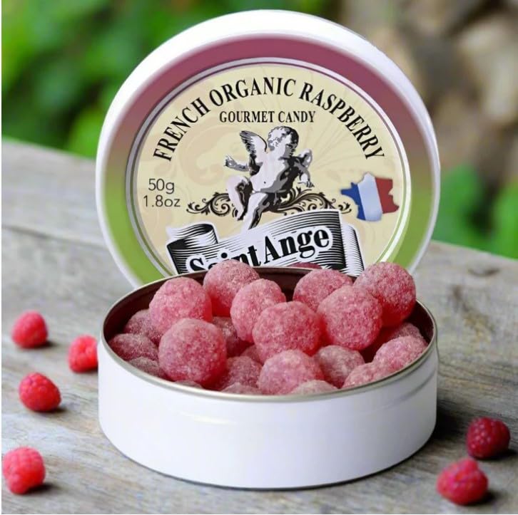 Saint-Ange, French Organic Raspberry Pastilles (Tranches Framboise, Bio), 50g in Metal Tin