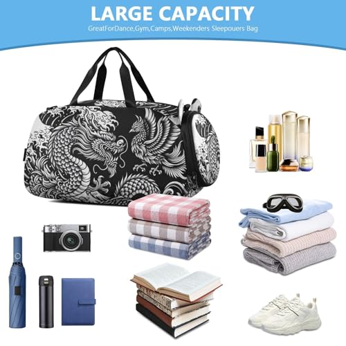 Japanese Dragon Phoenix Duffle Bag for Girl, Sports Duffle Gym Bags with Shoe Compartment, Personalized Overnight Bag Travel Weekender for Kids4