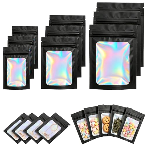 150PCS Holographic Mylar Bags Small Plastic Sealable Ziplock Bags Black