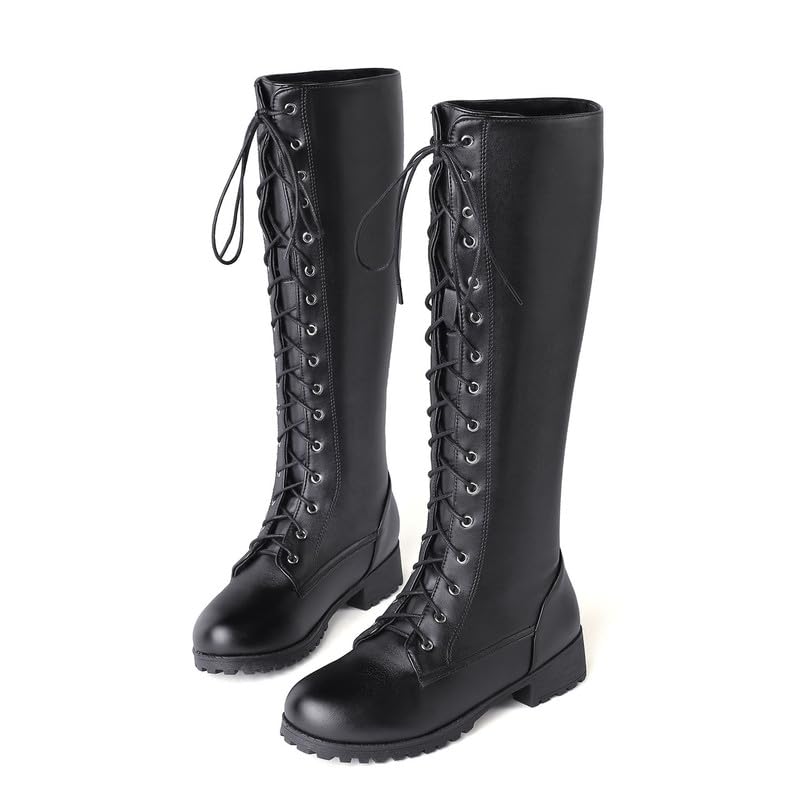 Bellirala Womens Lace Up Knee High Boots Combat Chunky Low Heel Tall Boots