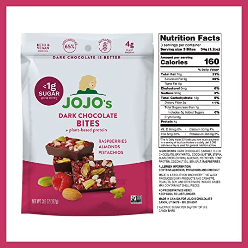 Jojo's Dark Chocolate Bites Made With Hemp, Plant Based Protein, Sugar Free, Low Carb, Vegan, Paleo & Keto Friendly, Healthy Snack, Raspberry Dream, 3.9Oz Bag (4 Count) #TOP4