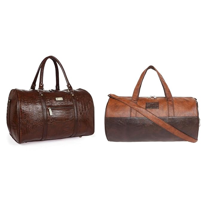Fur Jaden Brown Textured Leatherette Stylish & Spacious Weekender Duffle Bag for Travel for Men and Women & Fur Jaden Tan Leatherette Gym Bag for Men Women Boys Girls Travel Duffle Weekender Bag 23L