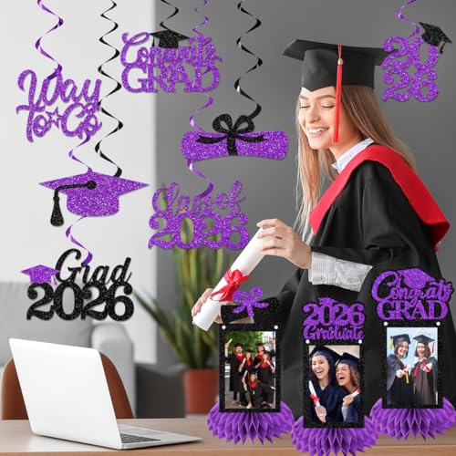 Image of Graduation Decorations 2026 - Purple Congrats Grad Party Supplies Include Glitter We are So Proud of You Banner, Hanging Swirls and Honeycomb Centerpieces for Photo Toppers