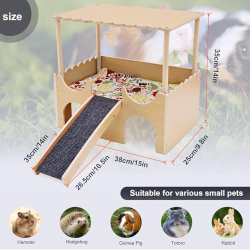 Guinea Pig Castle,Large Wooden Guinea Pig Hideout with Stairs,2 Tierd Small Animal Bed, Easy to Install for Hamsters Chinchillas Bunny Playing Hiding