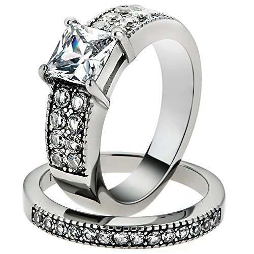 Marimor Jewelry 2.07 Ct Princess Cut Zirconia Stainless Steel Wedding Ring Set Women's Size 8