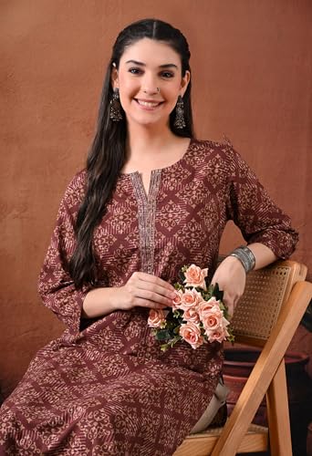 Image of Ichaa Women's Pure Cotton Embroidered Round-Neck Ethnic Kurta with 3 /4th Sleeve for Daily and Office Wear, in Plus Sizes