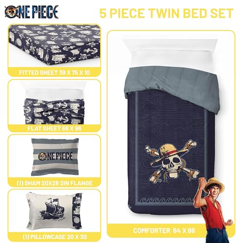 Image of One Piece Luffy Twin Comforter Set 5 Piece Soft Anime Bedding, Blue | Bed in a Bag, Comforter Sheets Sham Pillowcase, Official Product, Soft Microfiber, Machine Washable, Kids Gift
