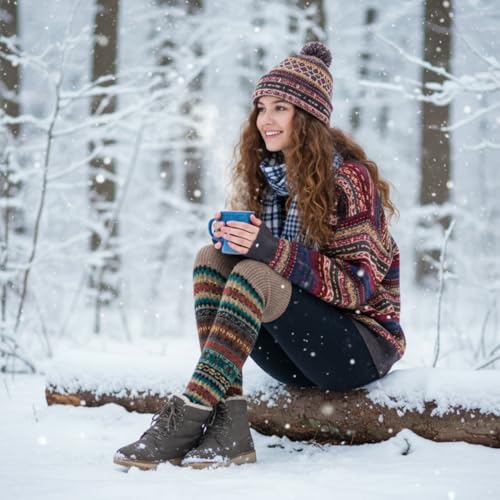 Image of SATINIOR 2 Pairs Leg Warmers for Women Wool Leg Warmers Bohemian Winter Long Knit Boot Cuffs Socks for Women(Black, Khaki)