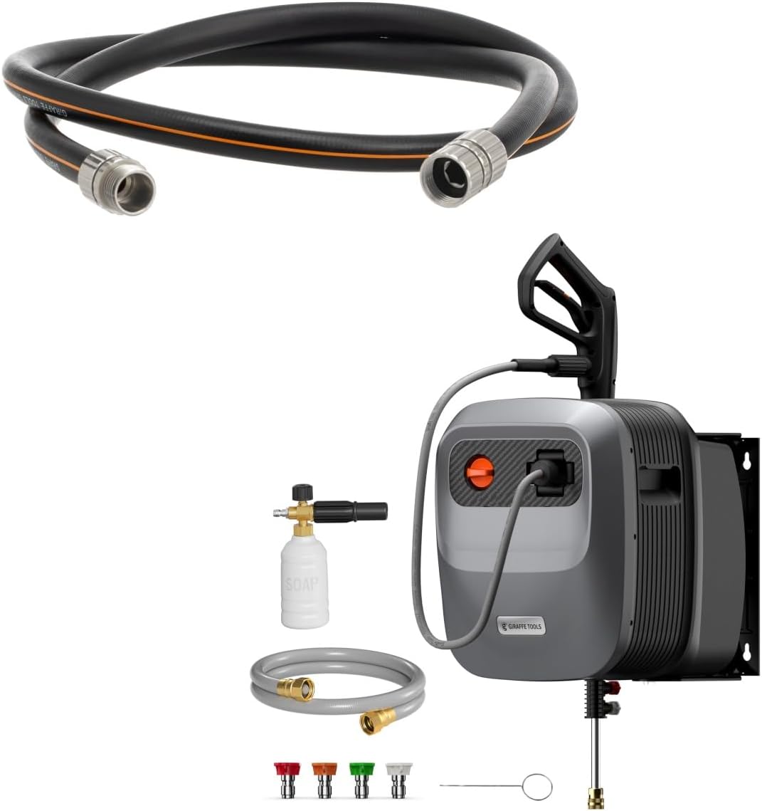 Giraffe Tools Leader Hose 5ft x 5/8", Customizable Rubber Hose and Grandfalls Pressure Washer G20 Pro, 2500 PSI 2.2 GPM, 180° Wall Mounted Power Washer