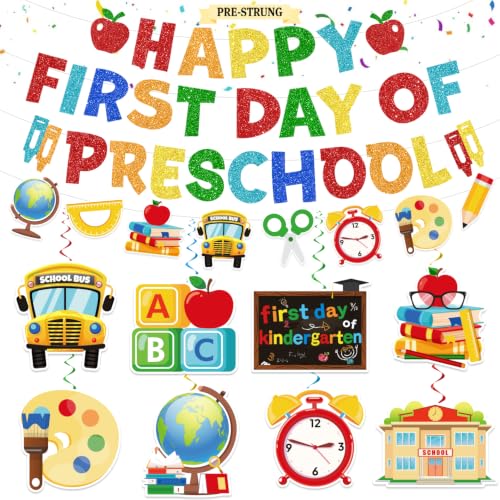 First Day of Preschool Decorations Pre-Strung Glitter Happy First Day of Preschool Banner With 1 Garland 8 Hanging Swirls for Home Classroom Back to School Decorations