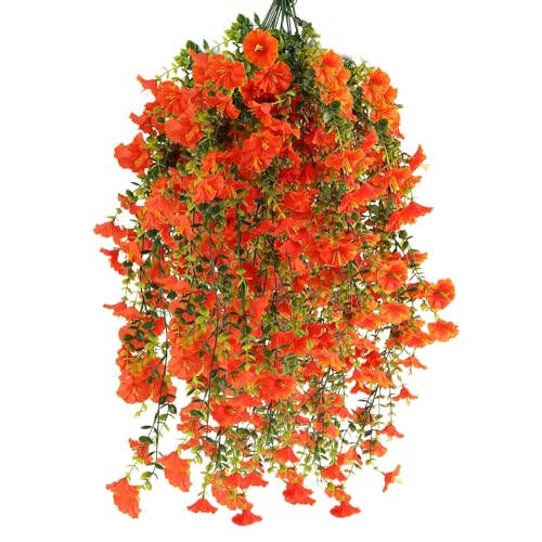 msymsyu Lot de 4 fleurs artificielles en pétunia orange 80 cm – Plantes artificielles suspendues et suspendues Idéal pour la décoration de balcon et...
