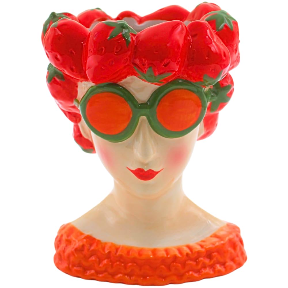 Jarrón Decorativo XL con Cabeza de Fresa, jarrón de cerámica para Mujer con decoración de Fresa (12 x 13 x 18 cm), Multicolor