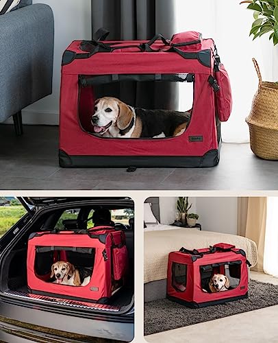 lionto Hundetransportbox faltbar für Reise & Auto, 70x52x50 cm, stabile Transportbox mit Tragegriffen & Decke für Katzen & Hunde bis 15 kg, robuste Hundebox aus Stoff für klein & groß, dunkelrot