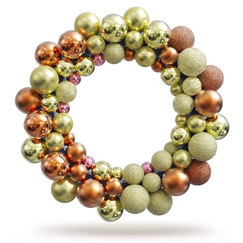 VALENTHERA Weihnachtskranz mit Christbaumkugeln - Adventskranz orange-Gold elegant mit Weihnachtskugeln - Ø 36 cm - Türkranz Weihnachtsdeko