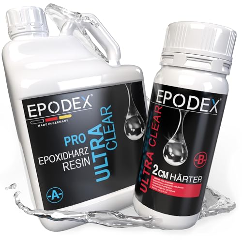 EPODEX Epoxidharz Set PRO | Kristallklares Epoxy Resin für Gießhöhen bis 2cm | Gießharz Set ohne oder mit Farbstoffen | Resin-Kunst (Art Resin), Doming, Schmuck, kleine Form- und Gussteile