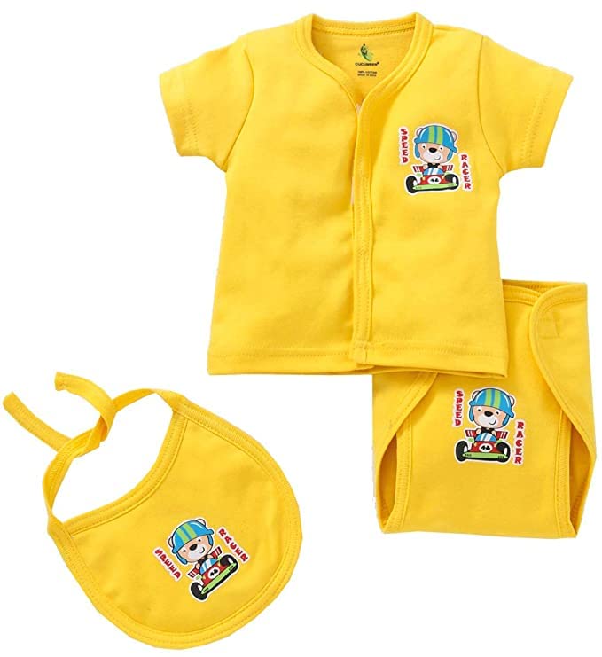 Image of Cucumber Baby Boys & Baby Girls Casual T-Shirt and Bib (Multicolor) (0-3 Months, Yellow)