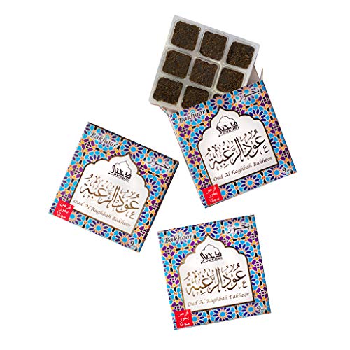 Dukhni Oud Al Raghbah Bakhoor Ø¹ÙˆØ¯ Ø§Ù„Ø±ØºØ¨Ø© Ø¨Ø®ÙˆØ± (3 Box x 9 Pieces of Bakhoor Each). Authentic Arabic Oud Bakhoor. Perfect for Prayer, Meditation, Relaxation & Chanting