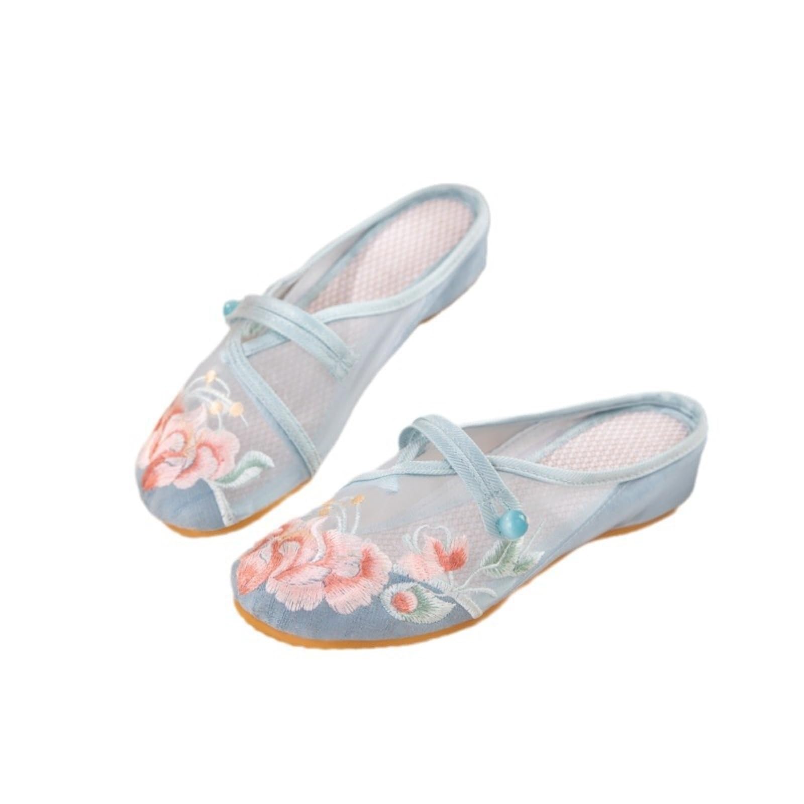 Gyios Women's Green Clogs & Mules Floral Embroidery Mesh Mule Slippers, Slip-On Strap Flat Rubber Shoes For Dresses Pants Daily Wear-41