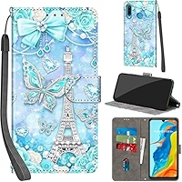 For Huawei P30 Lite Case PU Leather Wallet Book Flip Folio Stand View Magnetic Multi-Pattern Cover Compatible With Huawei P30 Lite Phone Case (Sliver Butterfly - View #8