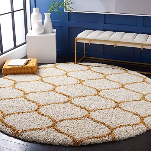 Image of Handwoven Microfibre 3D Rug for Living Room (Ivory & Gold Moroccan, 5 X 5 Feet (Round), Microfibre)