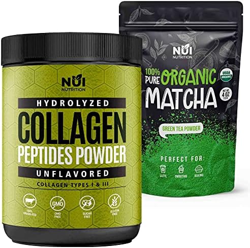 NUI Healthy Bundle - Organic Matcha Green Tea Powder 4Oz - Hydrolized Collagen Peptides Powder 13Oz - Easy to Mix Kosher Pareve Unflavoured