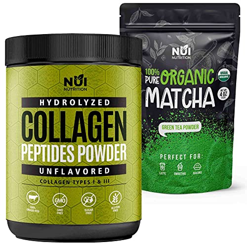 Nui Healthy Bundle - Organic Matcha Green Tea Powder 4Oz - Hydrolized Collagen Peptides Powder 13Oz - Easy To Mix Kosher Pareve Unflavoured #TOP18