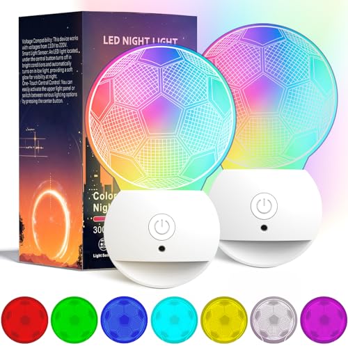2 Stück Fußball Nachtlicht Steckdose mit Dämmerungssensor, Fussball Geschenk mit bunten lichtwechseln, 3000K Warmweiß nacht lampe. Ideal Deko für Kinder zimmer, Flur, Treppenhaus, Küche und Wohnzimmer
