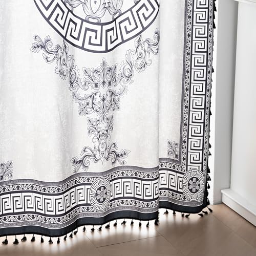 Image of Black Medallion Curtains 63 Inches Long, Boho Farmhouse Light Filtering Rod Pocket Drapes with Tassel Trim for Bedroom Living Room, 2 Panels
