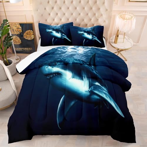NINENINE Boys Blue Shark Queen Size Bedding Sets for Teens Kids, Navy Blue Comforter Set Fish Ocean...