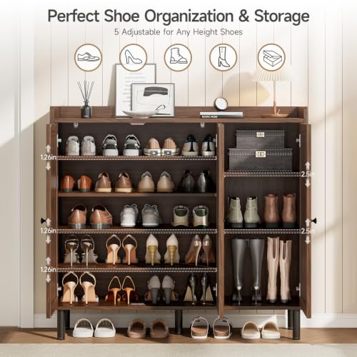 Image of ONBRILL Shoe Cabinet with 3 Doors and Adjustable Shelves, 30 Pairs Shoe Storage Cabinet, 40 Inch Tall Farmhouse Shoe Rack Shoe Organizer Cabinet for Entryway Living Room Closet, Walnut