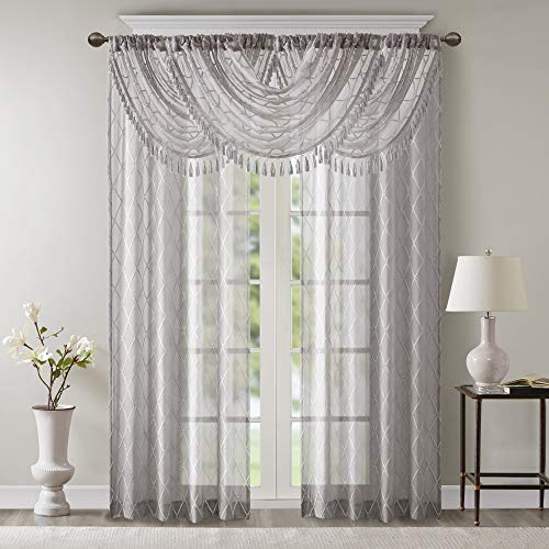 Irina Diamond Sheer Embroidered Ascot Grey Window Valance , Elegant Pattern Rod Pocket Valances For Windows , 38"W X 46"L , Gray #TOP2