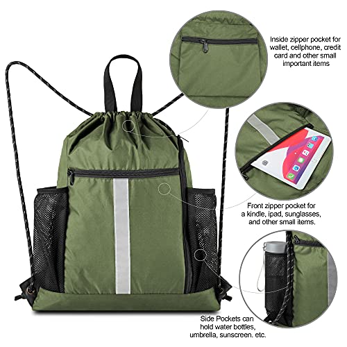 Image of BeeGreen Moss Green Drawstring Bag Pack Sport Cinch Sack with Shoe Compartment and Two Side Mesh Pockets Heavy Duty Gym String Backpack for Unisex
