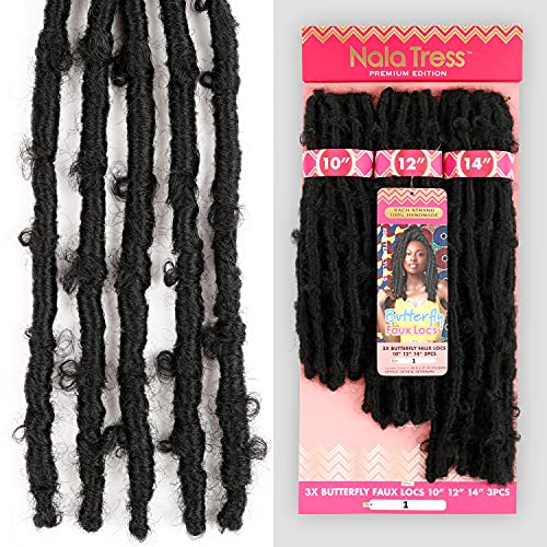 Janet Collection Nala Tress 3X Butterfly Faux Locs Crochet Braid (10 Inch12 Inch14 Inch) (1B), 3 Piece Assortment #TOP1