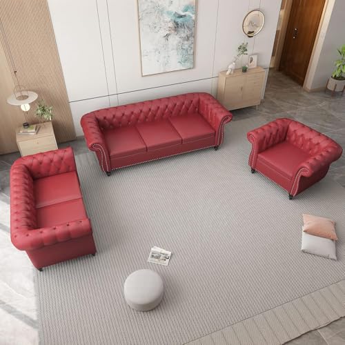 Image of WOODEN WORLD Modern & Classic Leather Sofa Set - Luxurious Comfort, Stylish Design, and Durable Build (Red, 3+2+1 Seater)
