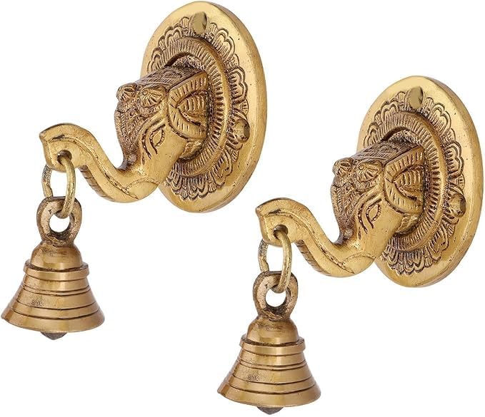 Elephant Face Wall & Door Brass Decorative Bell Pair, Elephant Hangings for Decoration (300g Each).