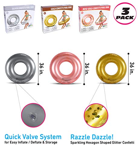 Mozlly Silver, Gold, And Rose Gold Inflatable Pool Floats Tube Set Of 3 - Premium Fun Confetti Swim Rings Toys, Adult And Kids Pool Float Water Tubes For River, Beach, Pool Party Decorations - 36 Inch #TOP1