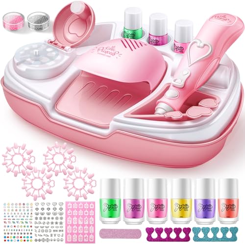 Geyiie Kids Nail Polish Set for Girls, Nail Salon Toys, Nail Decals for Nail Art for Little Girls, Kids Nail Kit with Storage Space, Fake Nails, Nail Dryer, Makeup Kit as Party Favor Gifts