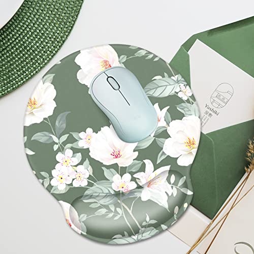 Waveyu Cute Ergonomic Mouse Pad With Wrist Support, Non Slip Rubber Base Pad, Computer Laptop Desk Accessories For Women Men Mousepad For Home, Office, Gaming, Working Easy Typing,Green Flower #TOP4
