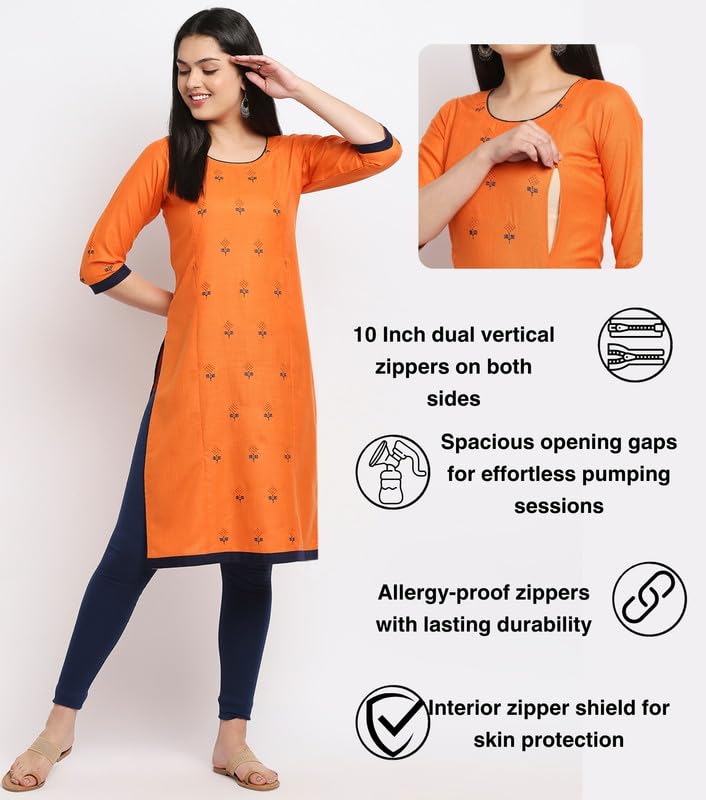 True Shape Maternity Kurti for Women | Embroidered Feeding A-line Kurta with Dual Nursing Zippers in Polyester for Pre & Post Pregnancy(TSE-141-XL, Orange) 1